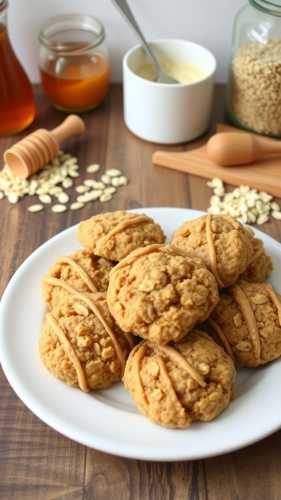 A plate of chewy no-bake oatmeal cookies made with oats, peanut butter, and honey on a rustic table.